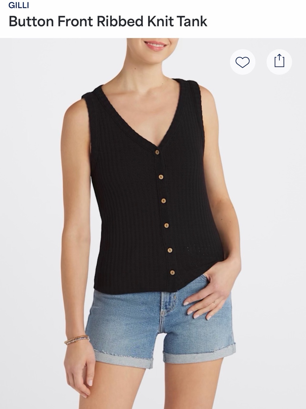 GILLI Black Ribbed Button-Front V-Neck Tank